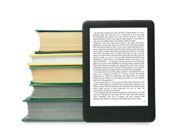 Global portable e book and stack of hardcover books on white background